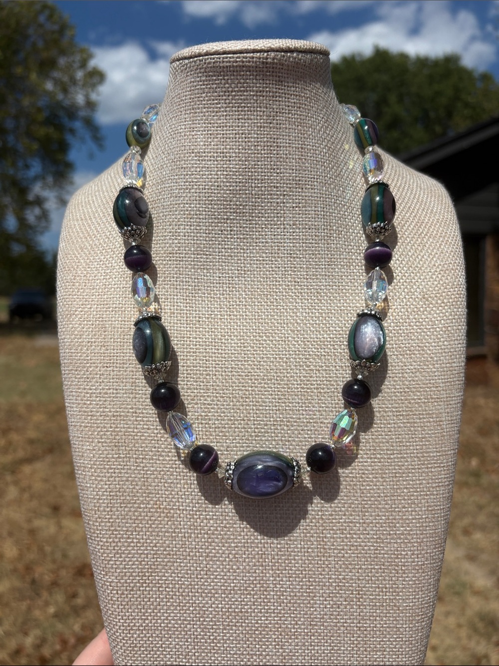 Iridescent Purple & Green Beaded Crystal Necklace